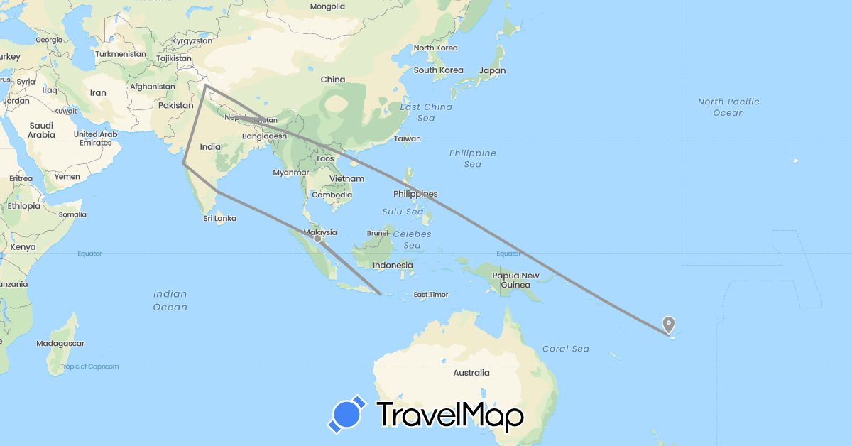 TravelMap itinerary: driving, plane in Bhutan, Fiji, Indonesia, India, Malaysia, Nepal (Asia, Oceania)